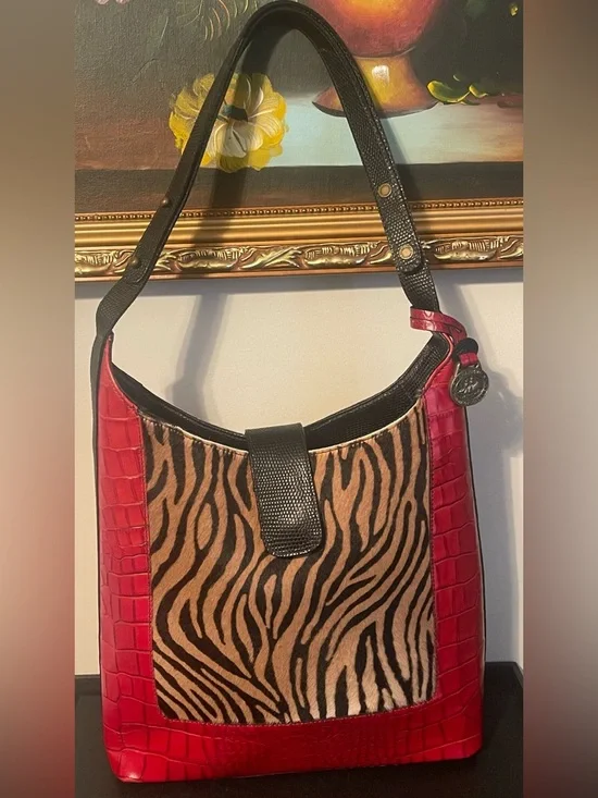 *RARE* Brahmin Burchelli Collection Red Leather & Calf Hair Kendall Bag - Picture 2 of 14